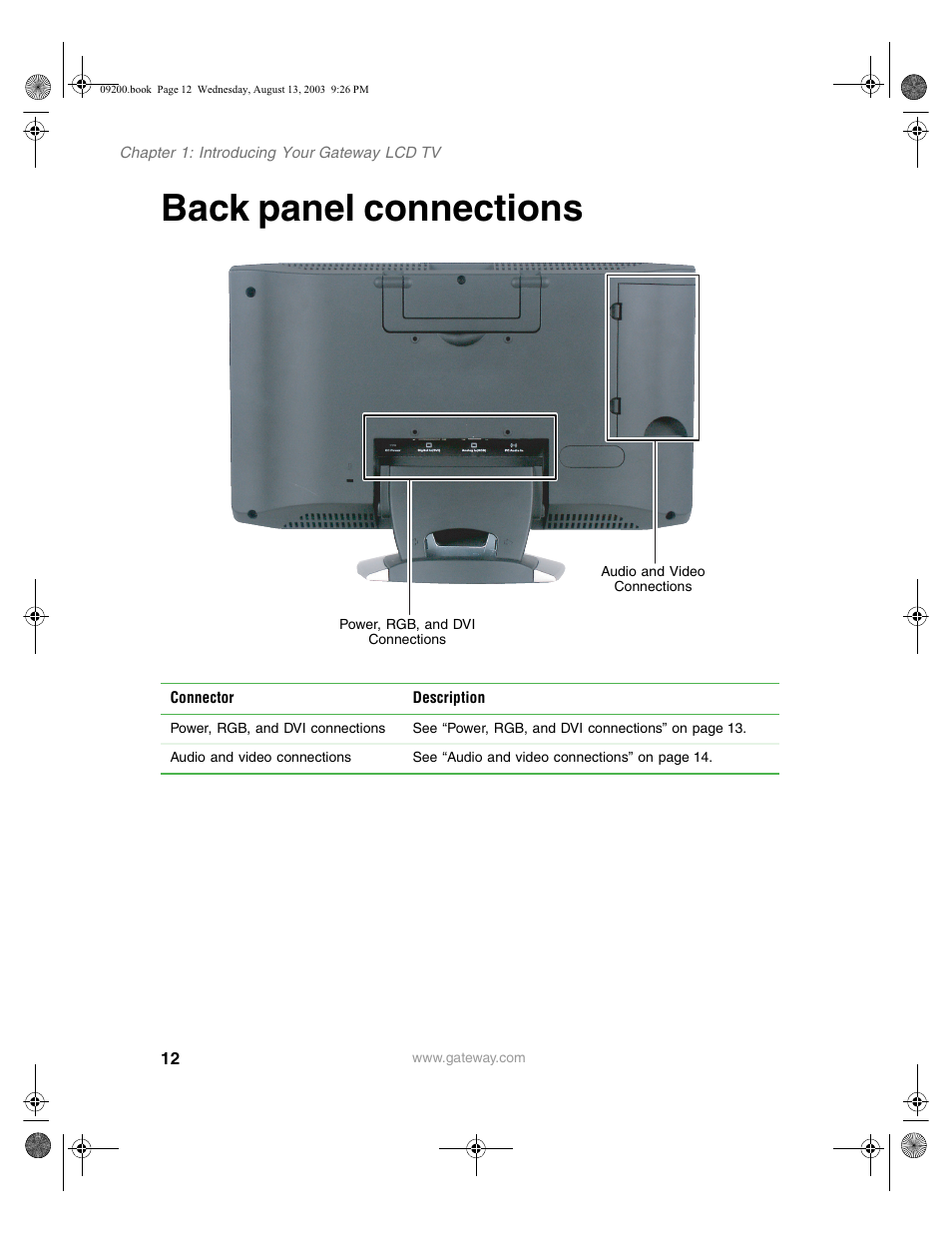 Back panel connections, Power, rgb, and dvi connections | Gateway GTW-L17M103 User Manual | Page 16 / 58