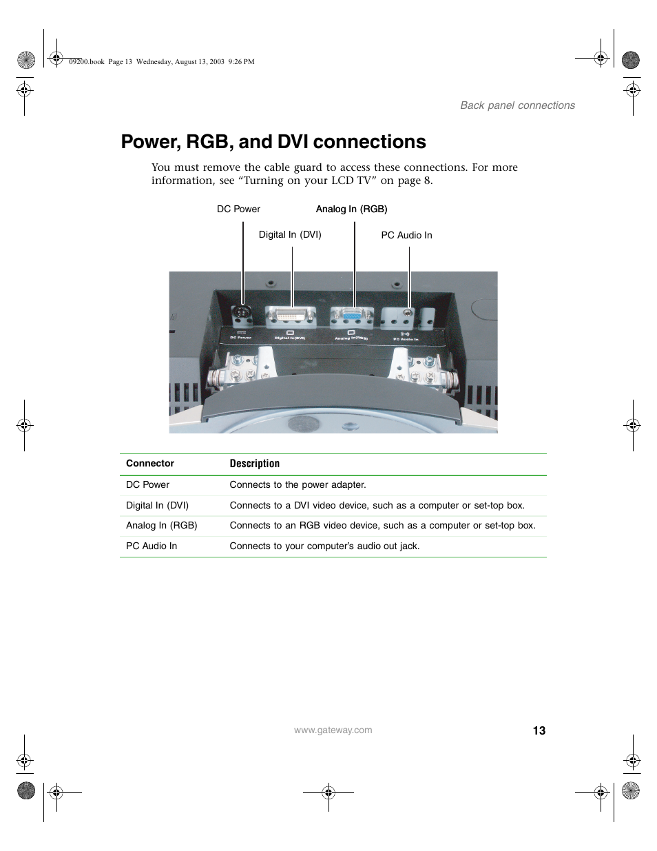 Power, rgb, and dvi connections, Digitalin (dvi) | Gateway GTW-L17M103 User Manual | Page 17 / 58