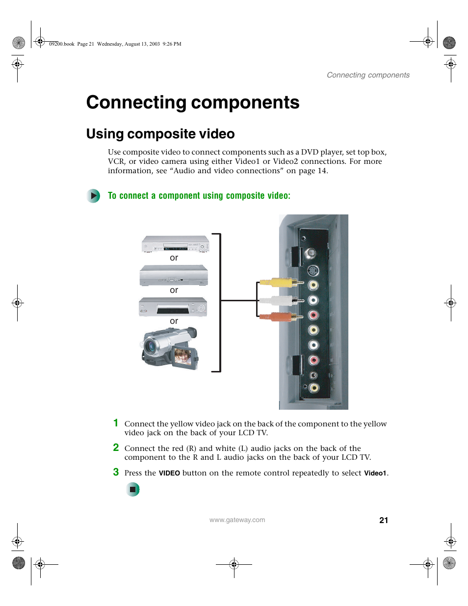 Connecting components, Using composite video, To connect a component using composite video | Gateway GTW-L17M103 User Manual | Page 25 / 58