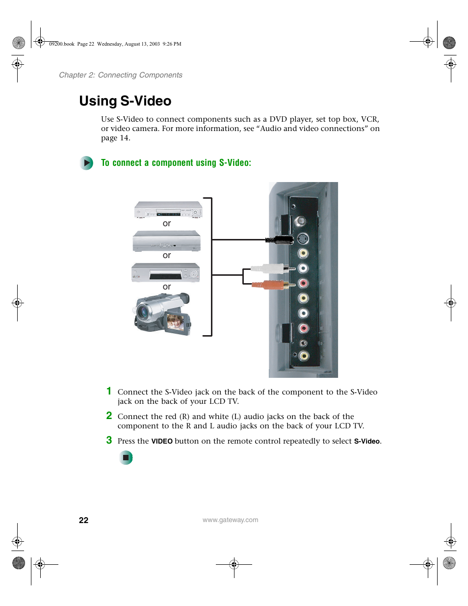Using s-video, To connect a component using s-video | Gateway GTW-L17M103 User Manual | Page 26 / 58