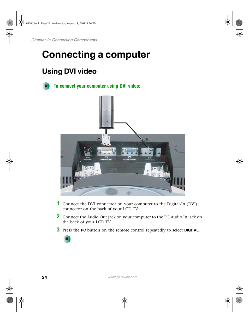 Connecting a computer, Using dvi video, To connect your computer using dvi video | Gateway GTW-L17M103 User Manual | Page 28 / 58