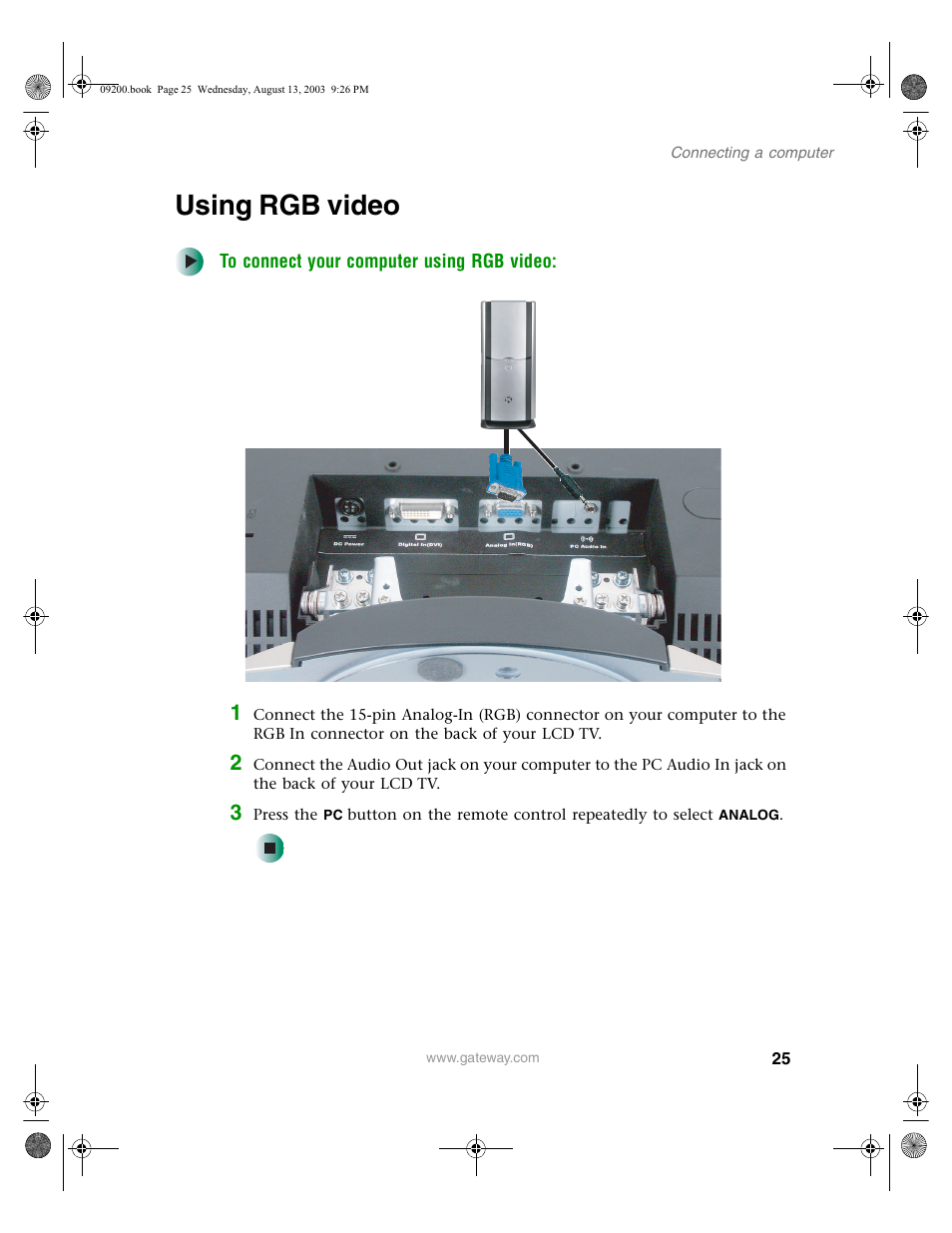 Using rgb video, To connect your computer using rgb video | Gateway GTW-L17M103 User Manual | Page 29 / 58