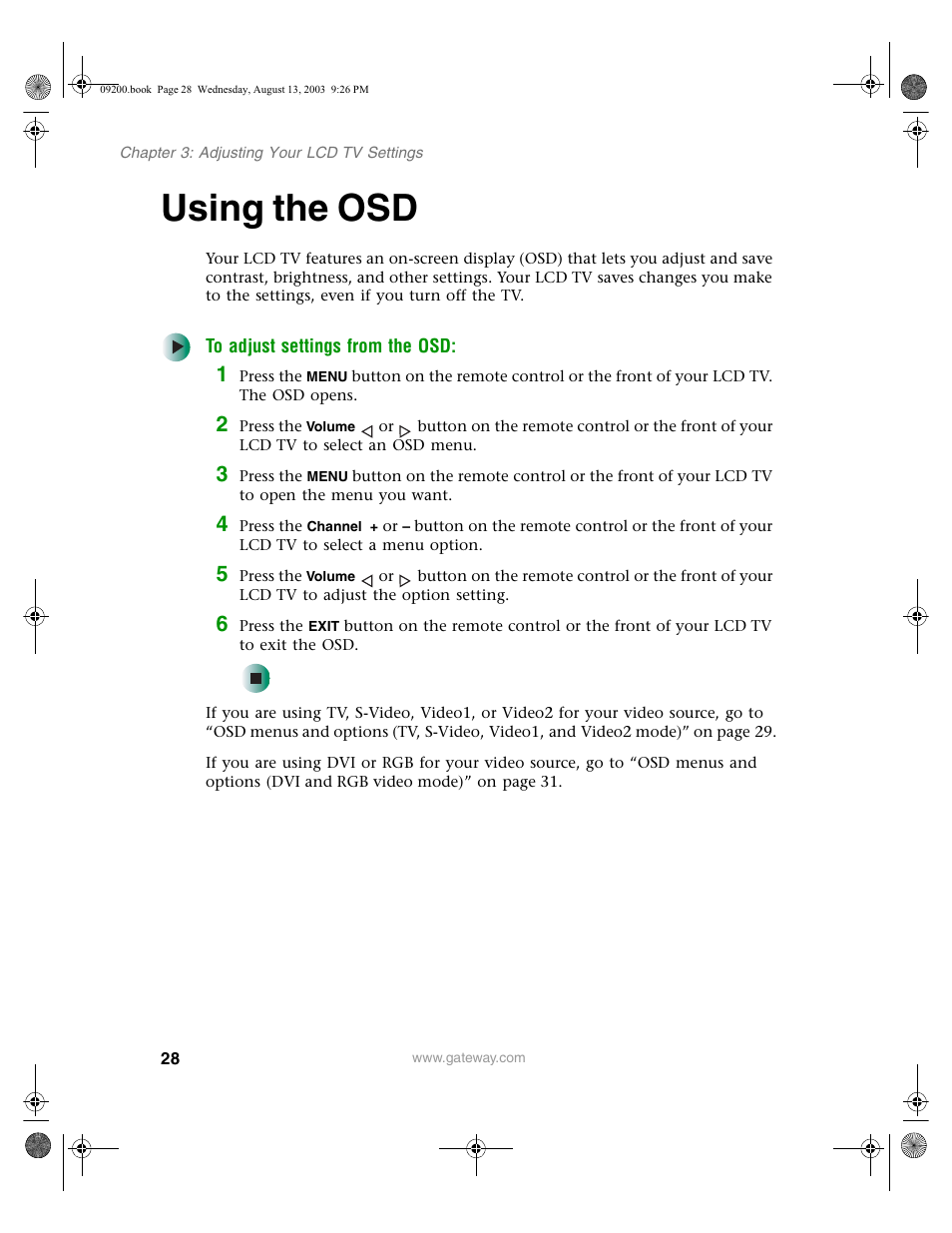Using the osd, To adjust settings from the osd | Gateway GTW-L17M103 User Manual | Page 32 / 58