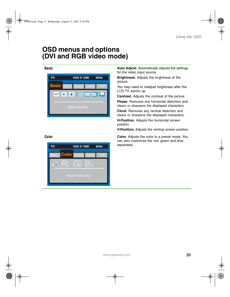 Osd menus and options (dviandrgbvideomode), Osd menus and options (dvi and rgb video mode) | Gateway GTW-L17M103 User Manual | Page 35 / 58
