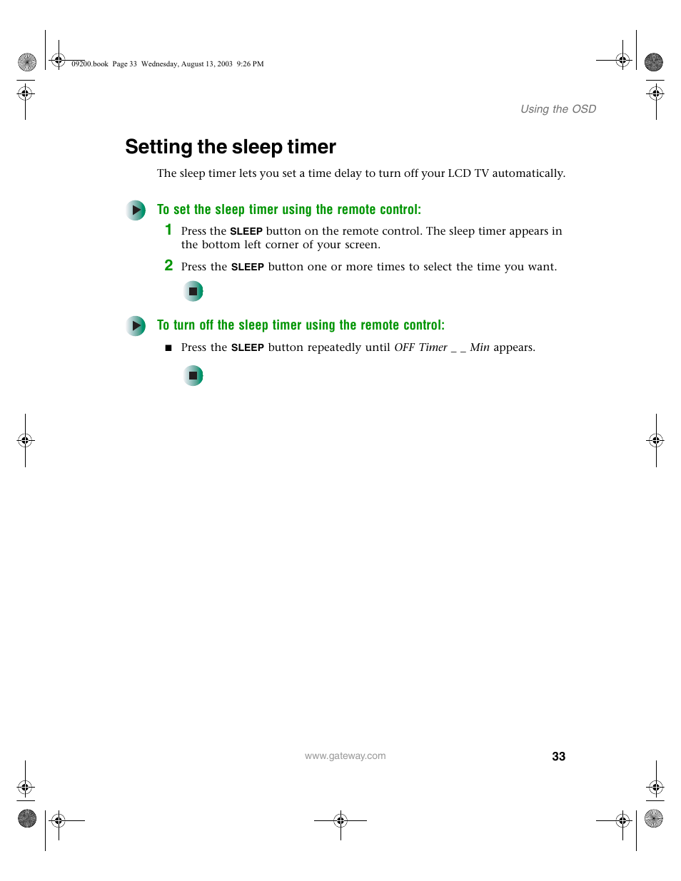 Setting the sleep timer, To set the sleep timer using the remote control | Gateway GTW-L17M103 User Manual | Page 37 / 58