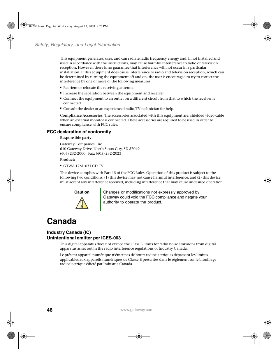 Fcc declaration of conformity, Caution, Canada | Gateway GTW-L17M103 User Manual | Page 50 / 58