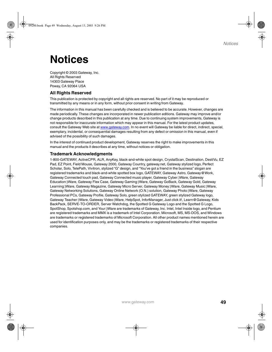 All rights reserved, Trademark acknowledgments, Notices | Gateway GTW-L17M103 User Manual | Page 53 / 58