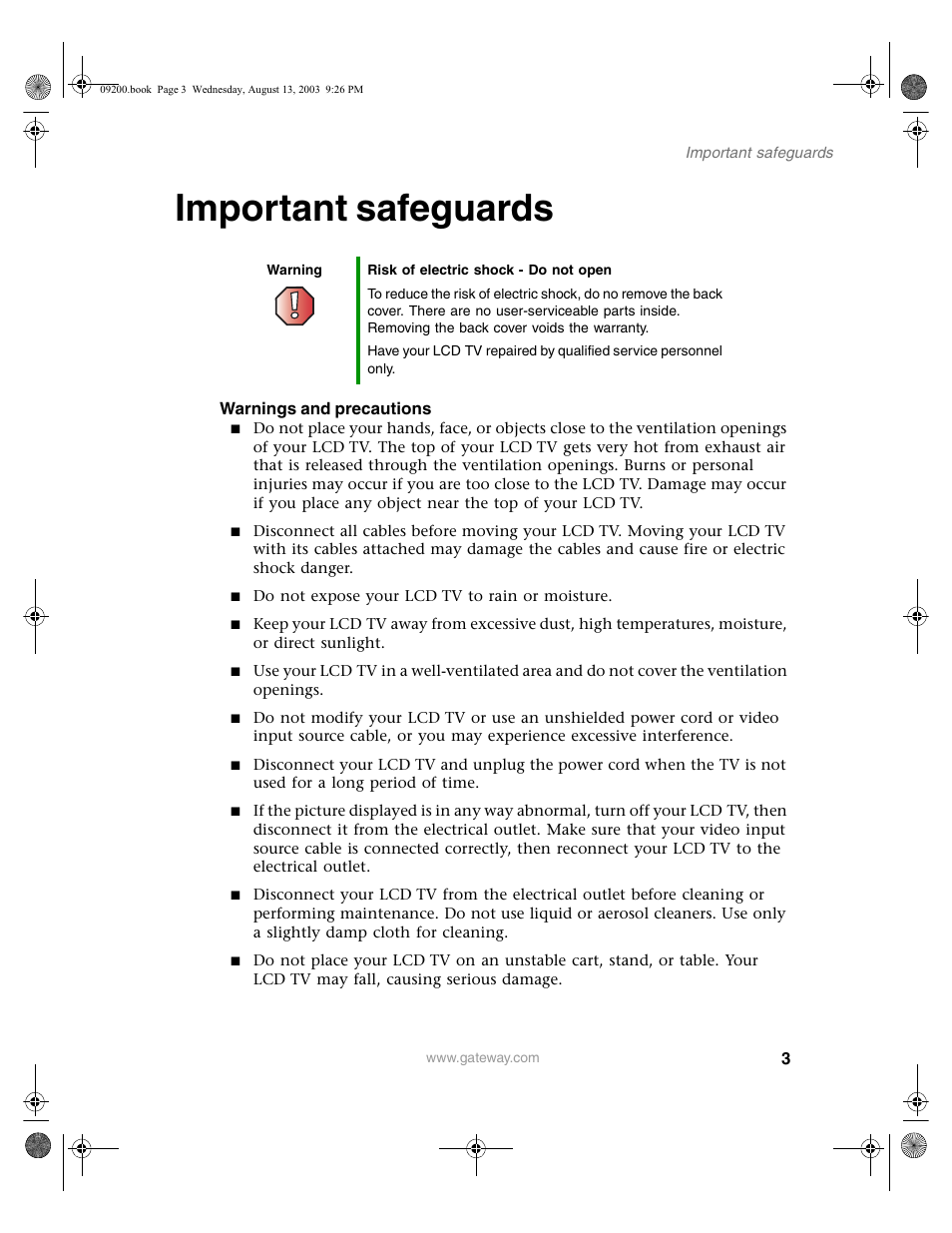 Important safeguards, Warning, Warnings and precautions | Gateway GTW-L17M103 User Manual | Page 7 / 58