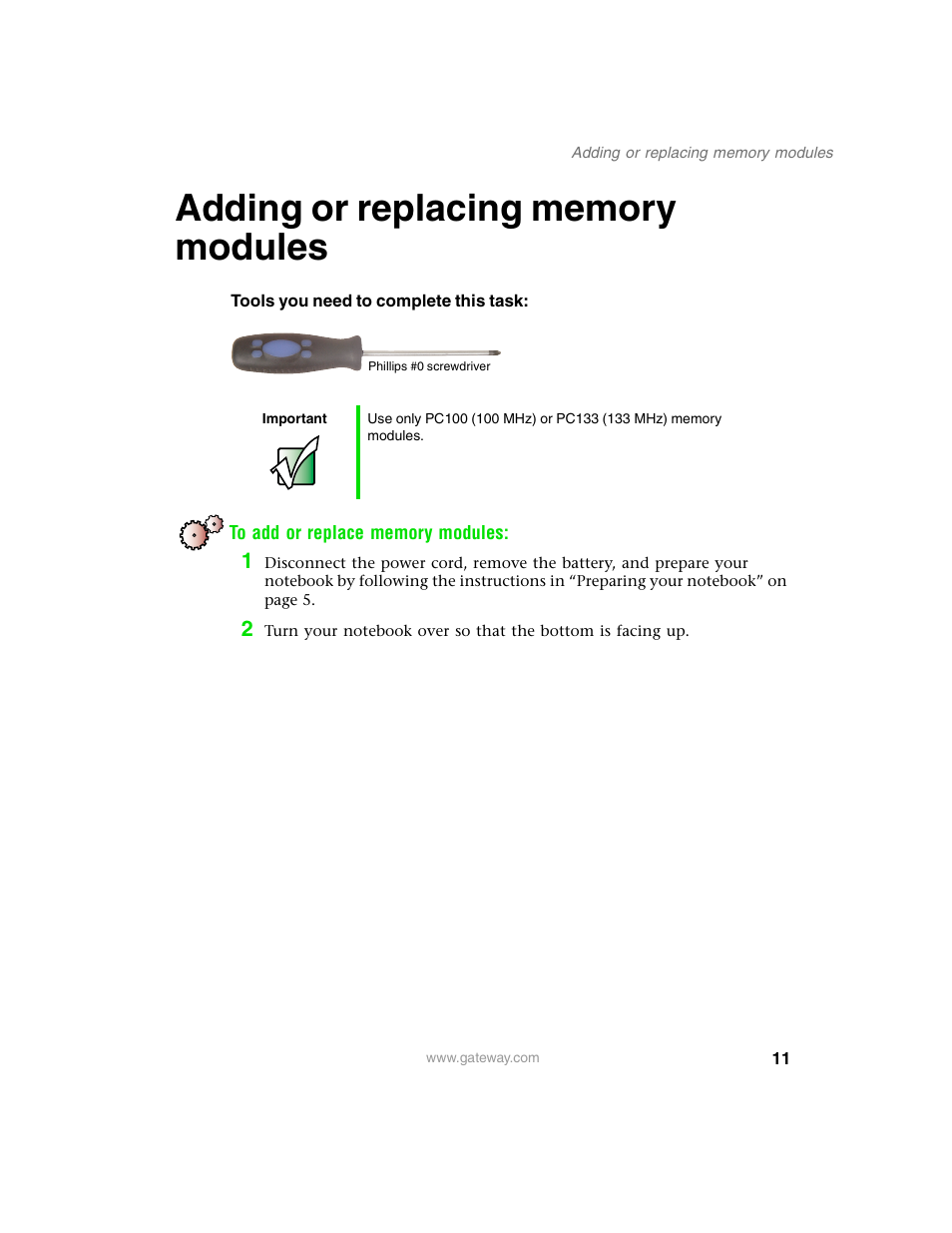 Adding or replacing memory modules | Gateway 1450 User Manual | Page 16 / 73