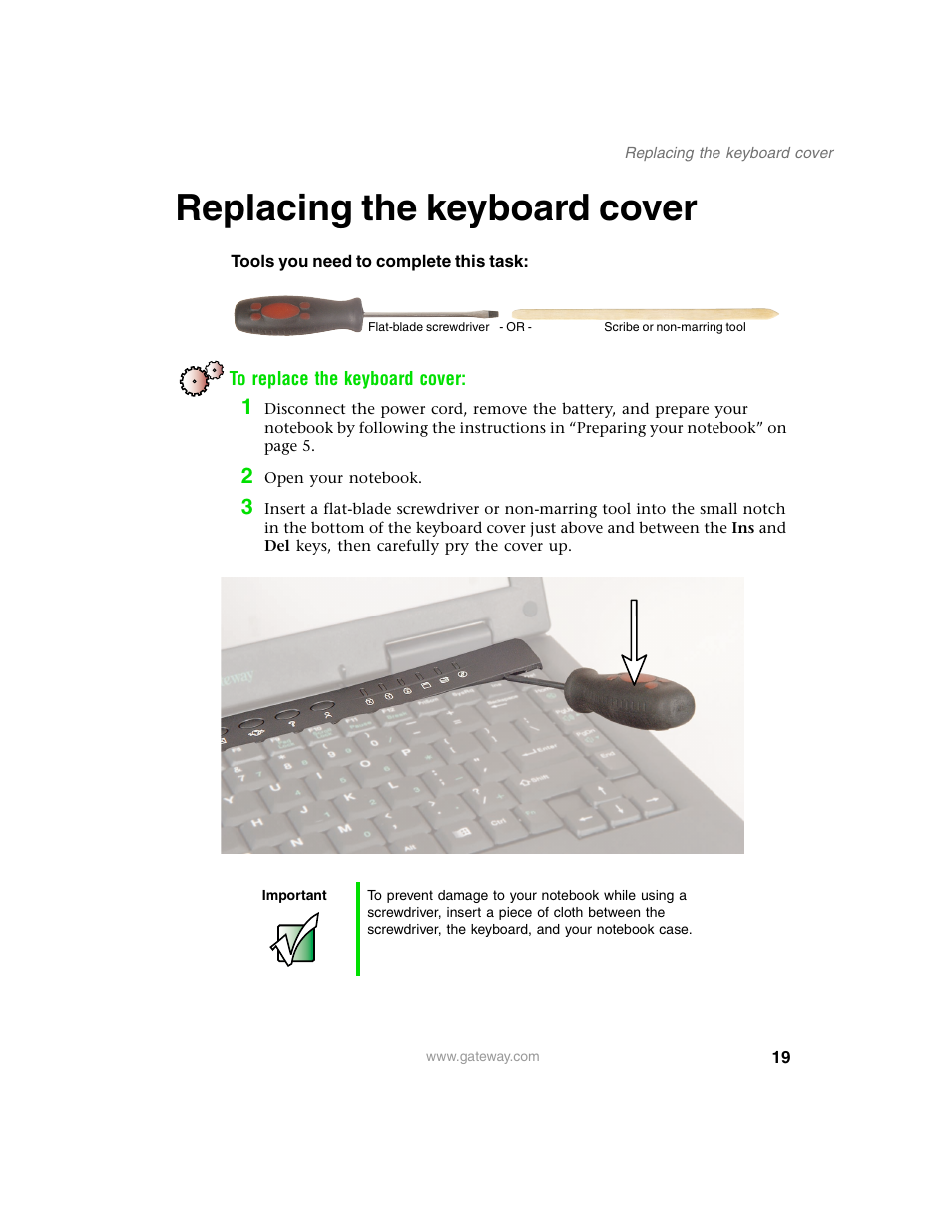 Replacing the keyboard cover | Gateway 1450 User Manual | Page 24 / 73