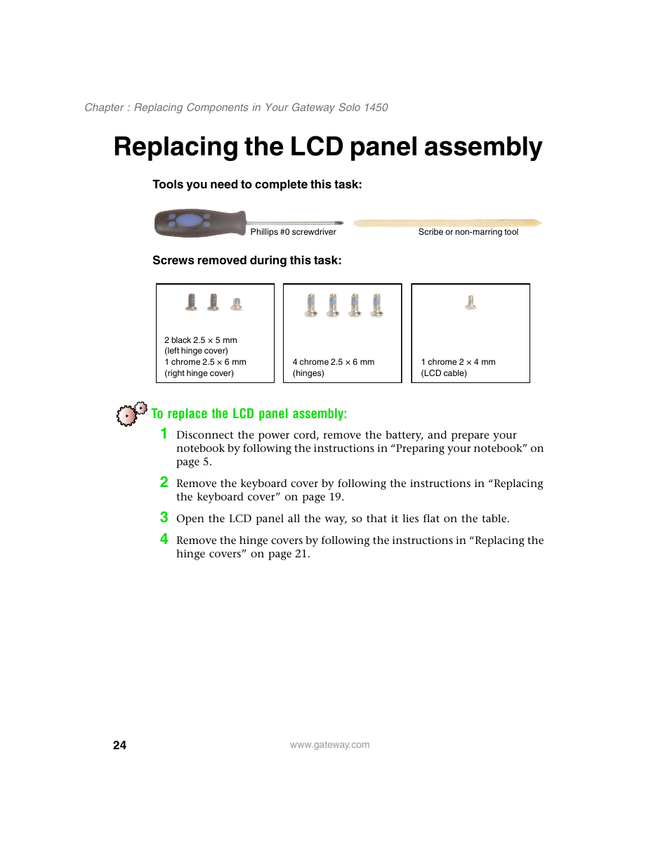 Replacing the lcd panel assembly | Gateway 1450 User Manual | Page 29 / 73
