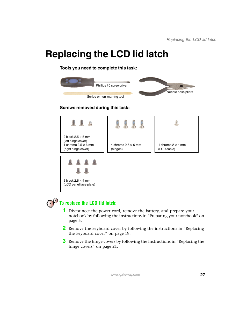 Replacing the lcd lid latch | Gateway 1450 User Manual | Page 32 / 73