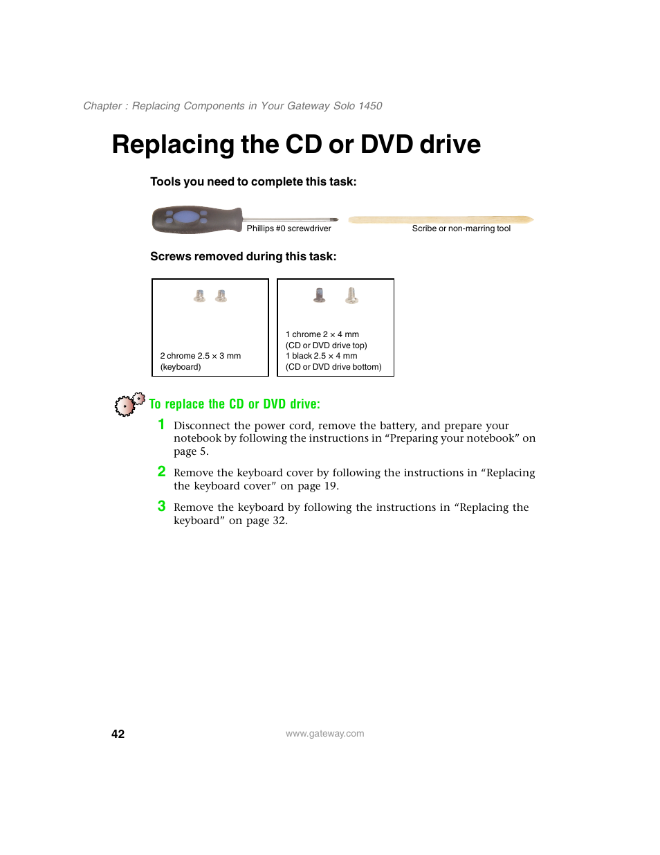 Replacing the cd or dvd drive | Gateway 1450 User Manual | Page 47 / 73