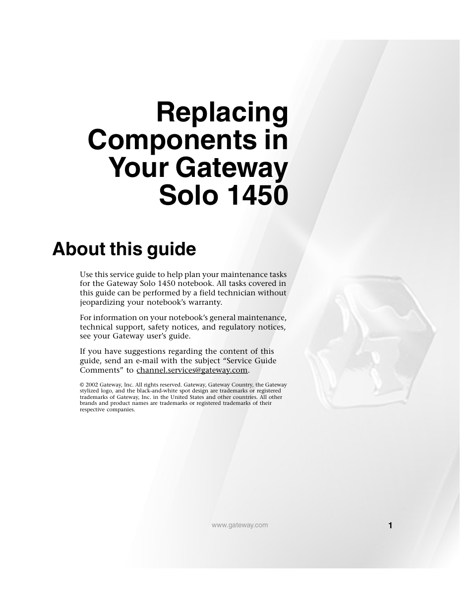 Replacing components in your gateway solo1450, About this guide, Replacing components in your gateway solo 1450 | Gateway 1450 User Manual | Page 5 / 73