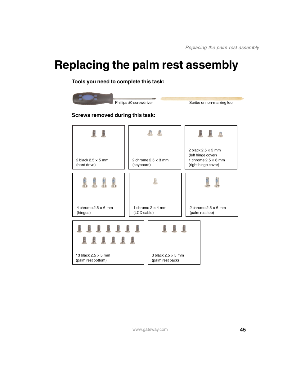 Replacing the palm rest assembly | Gateway 1450 User Manual | Page 50 / 73