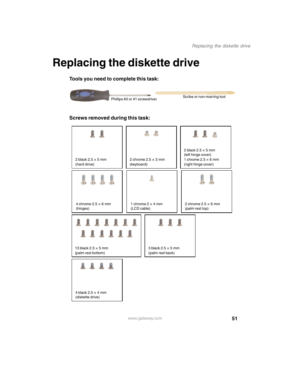 Replacing the diskette drive | Gateway 1450 User Manual | Page 56 / 73