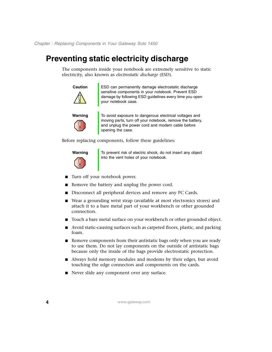 Preventing static electricity discharge | Gateway 1450 User Manual | Page 9 / 73