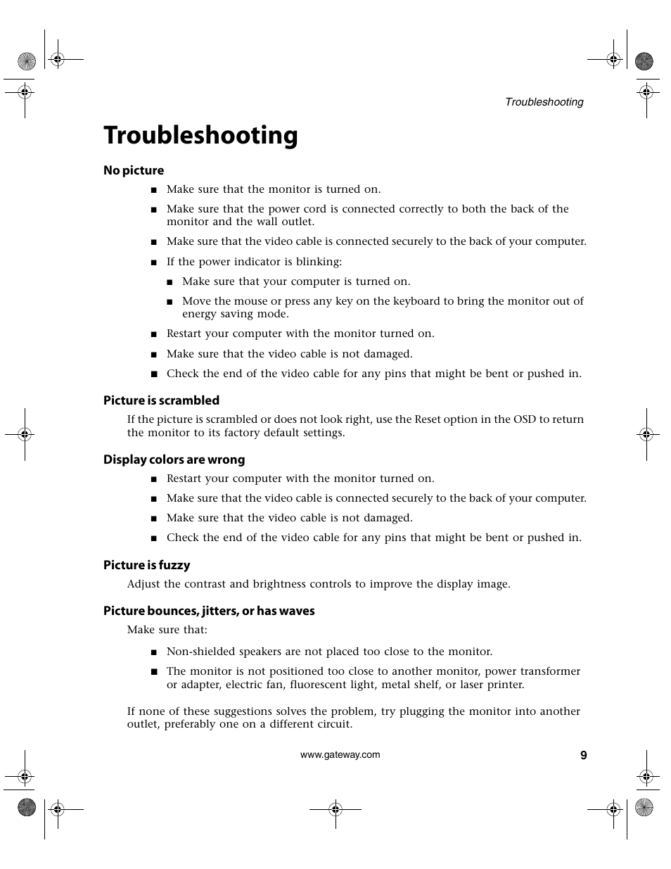 Troubleshooting, No picture, Picture is scrambled | Display colors are wrong, Picture is fuzzy, Picture bounces, jitters, or has waves | Gateway VX760 User Manual | Page 13 / 25