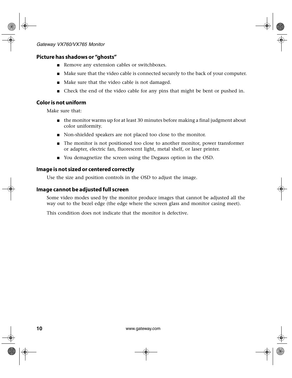 Picture has shadows or “ghosts, Color is not uniform, Image is not sized or centered correctly | Image cannot be adjusted full screen | Gateway VX760 User Manual | Page 14 / 25