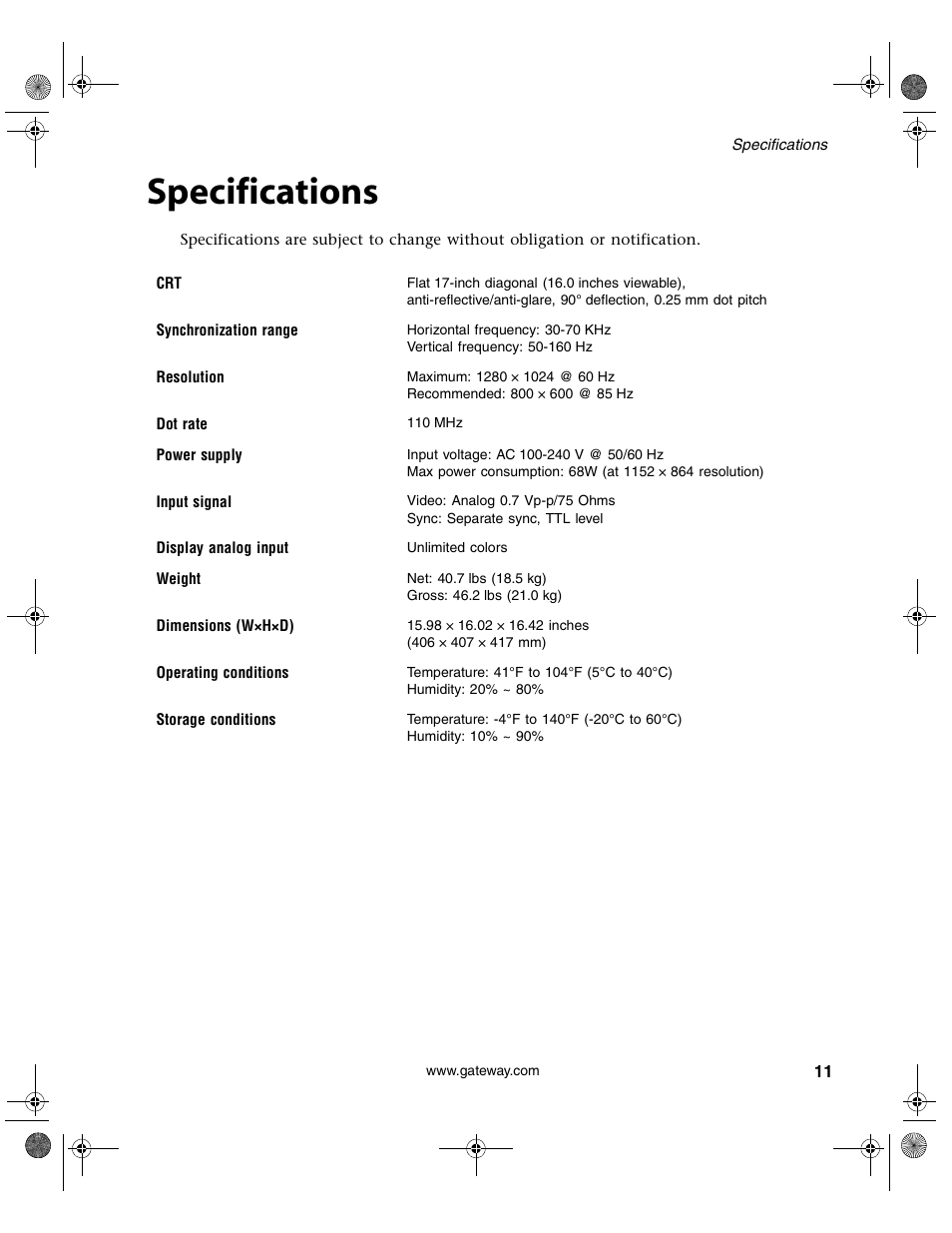 Specifications | Gateway VX760 User Manual | Page 15 / 25