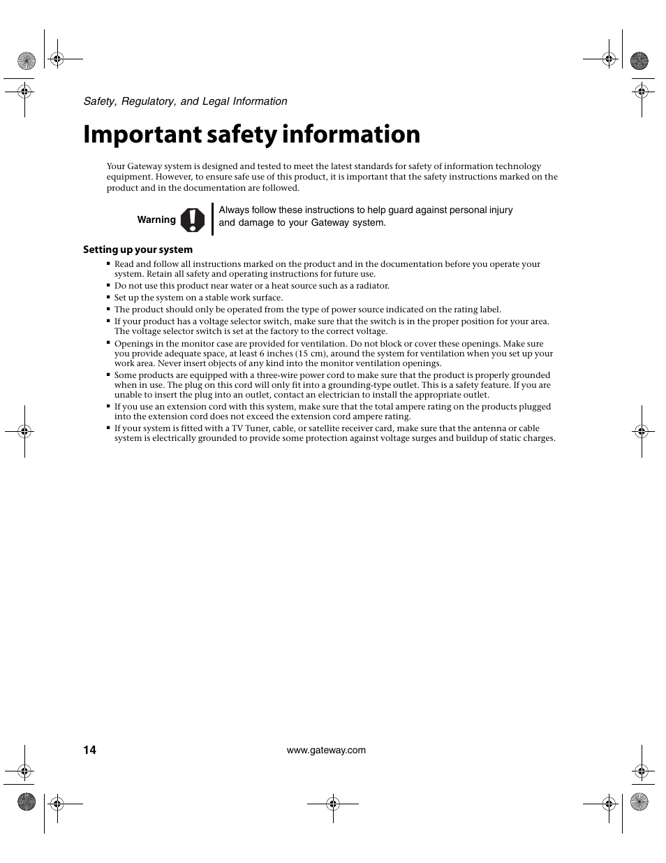 Important safety information, Safety, regulatory, and legal information, Setting up your system | Gateway VX760 User Manual | Page 18 / 25