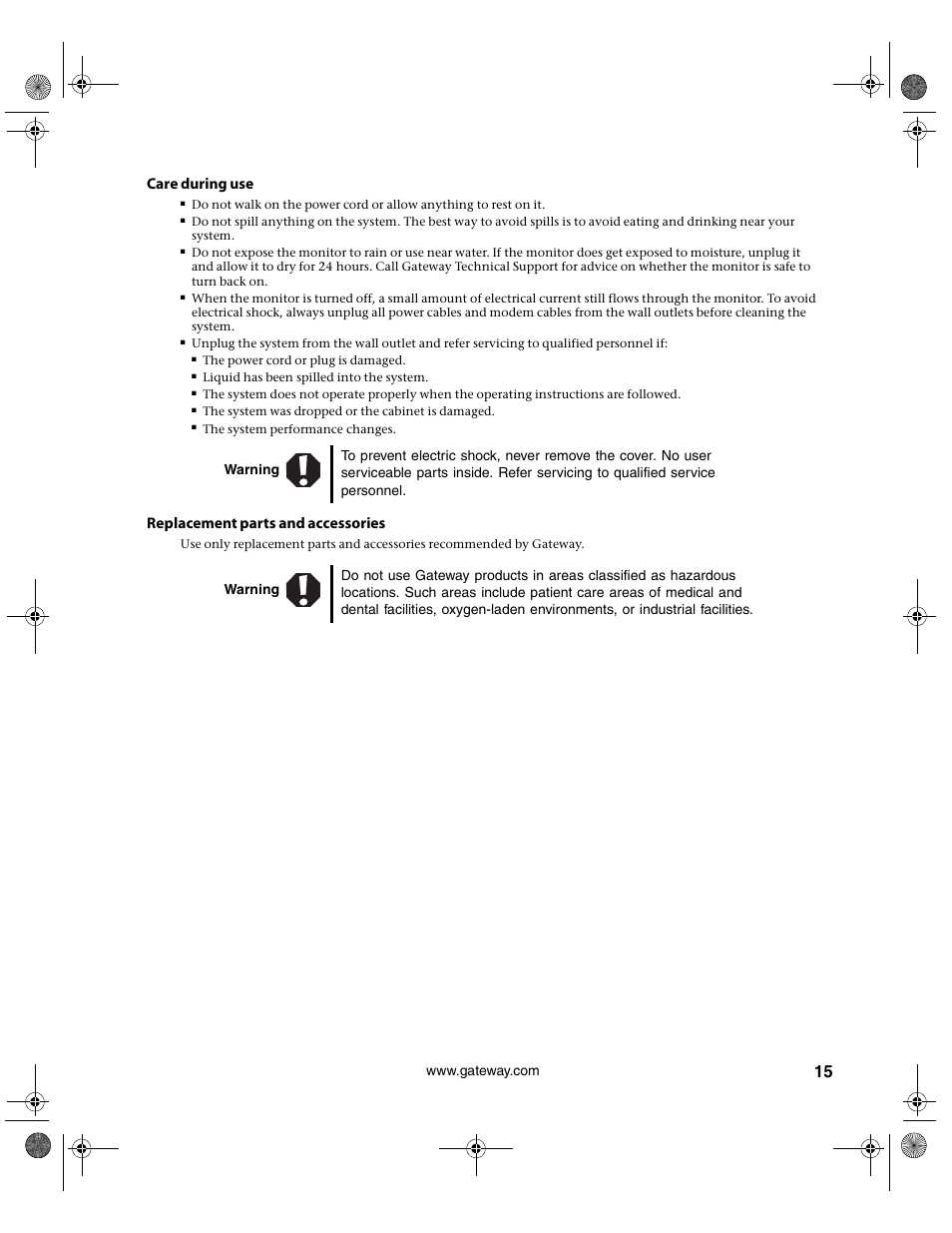Care during use, Replacement parts and accessories | Gateway VX760 User Manual | Page 19 / 25