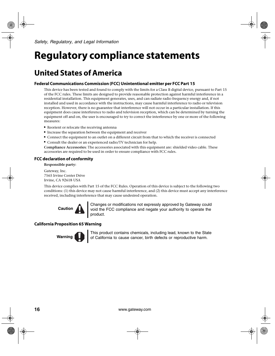 Regulatory compliance statements, United states of america | Gateway VX760 User Manual | Page 20 / 25