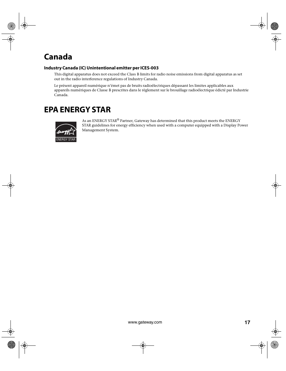 Canada, Epa energy star | Gateway VX760 User Manual | Page 21 / 25