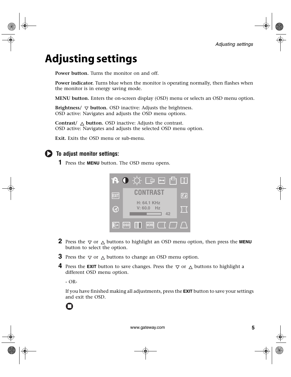 Adjusting settings, Contrast | Gateway VX760 User Manual | Page 9 / 25