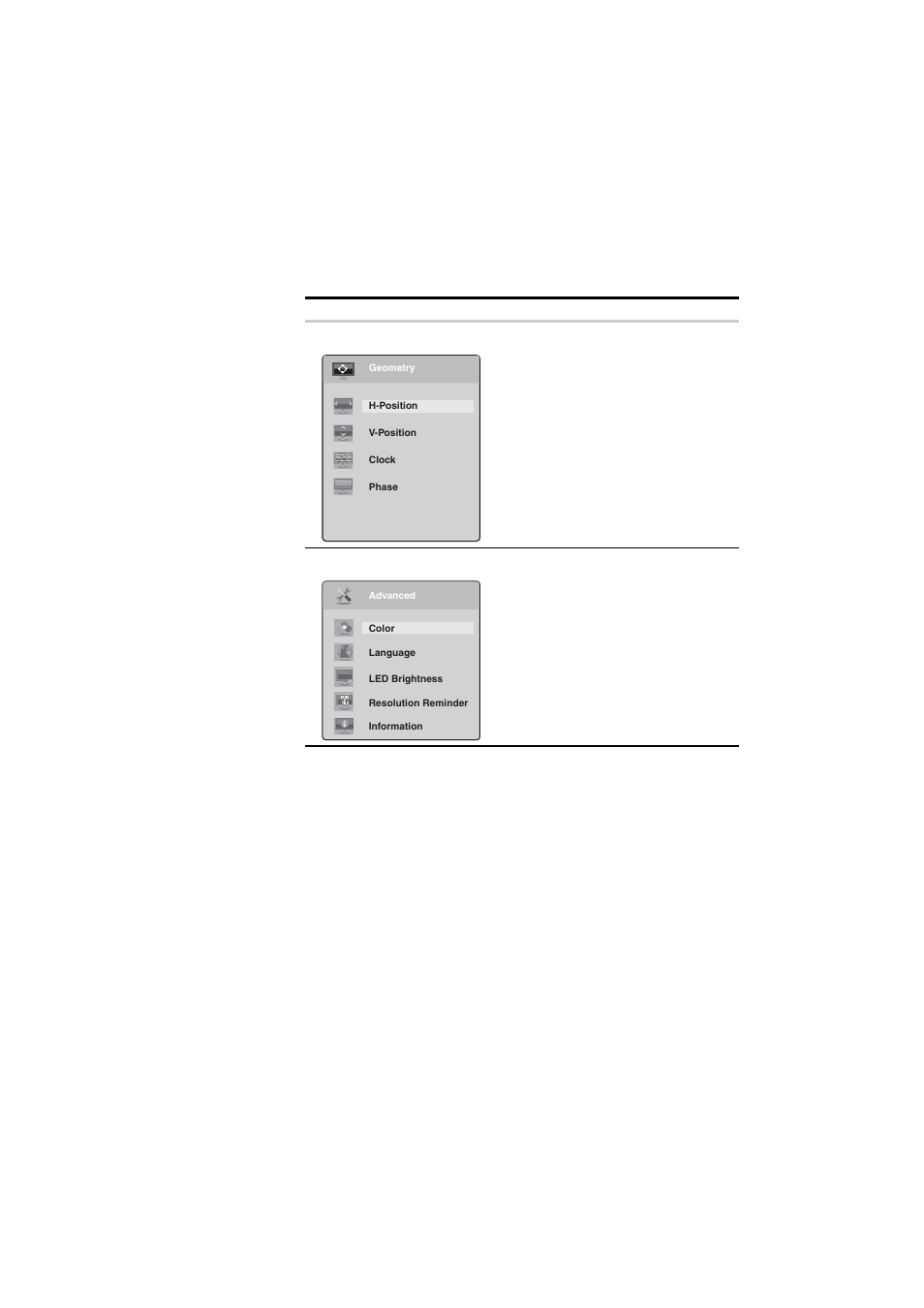Geometry menu, Advanced menu | Gateway HD1900 User Manual | Page 13 / 28