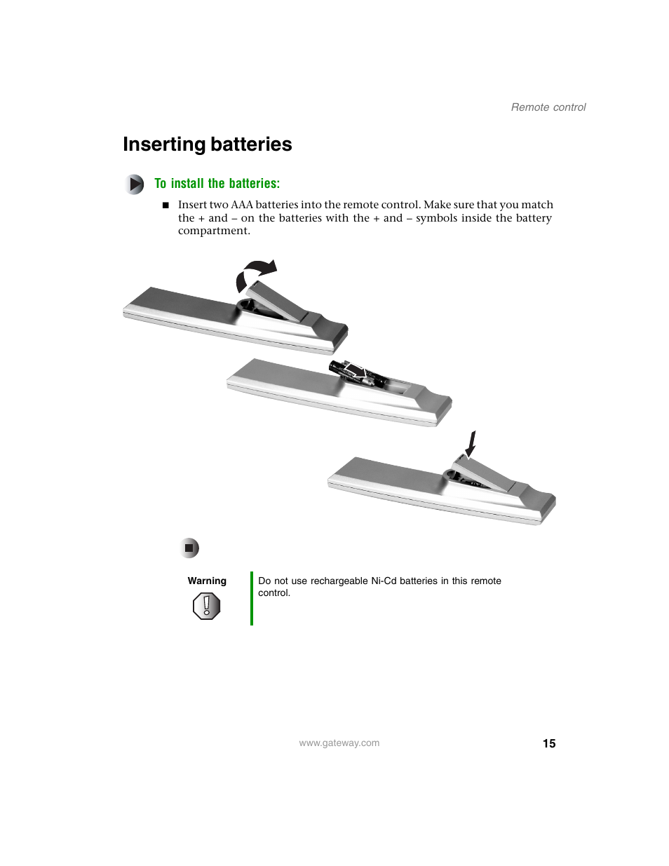 Inserting batteries | Gateway AD-520 User Manual | Page 21 / 92