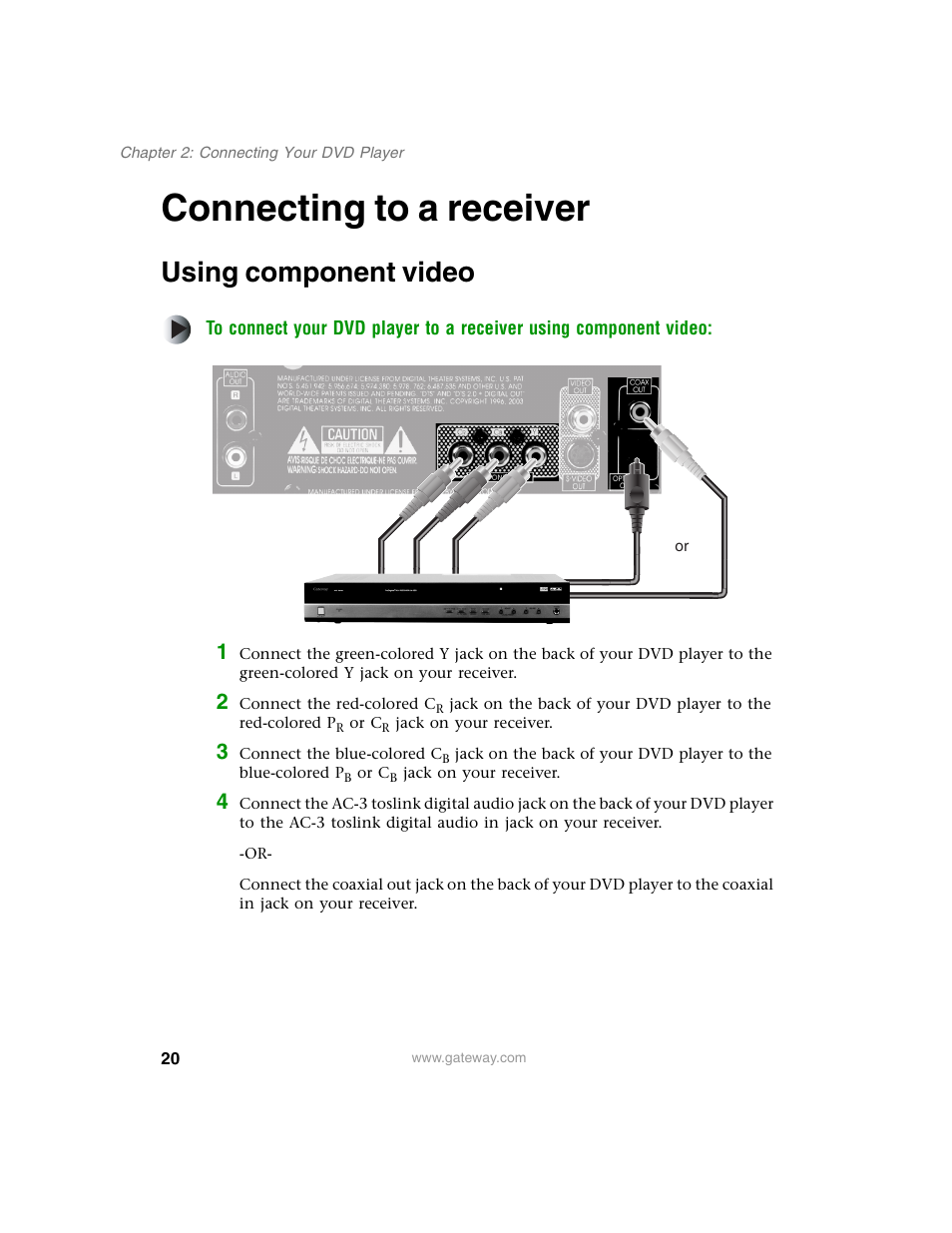 Connecting to a receiver, Using component video | Gateway AD-520 User Manual | Page 26 / 92