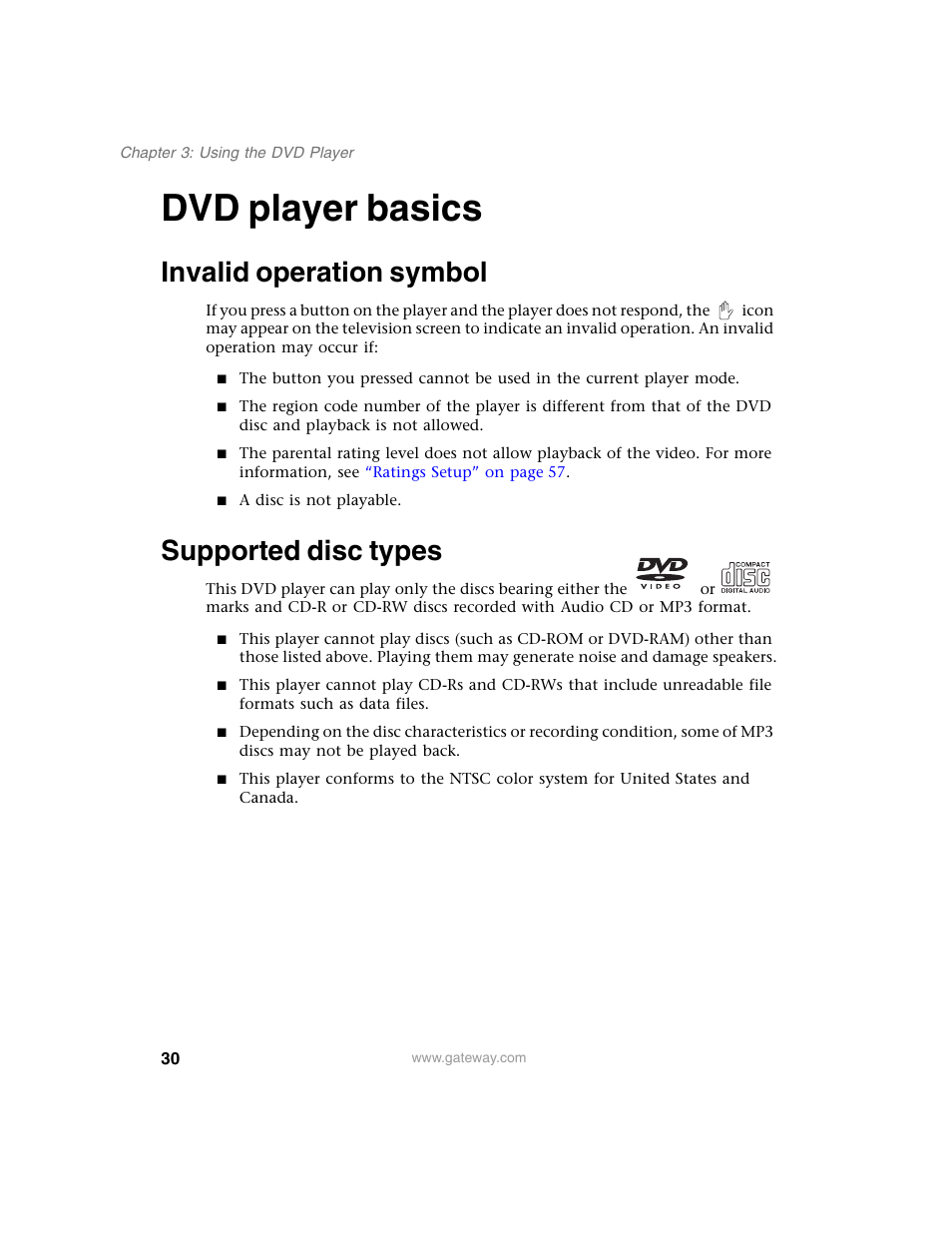 Dvd player basics, Invalid operation symbol, Supported disc types | Invalid operation symbol supported disc types | Gateway AD-520 User Manual | Page 36 / 92
