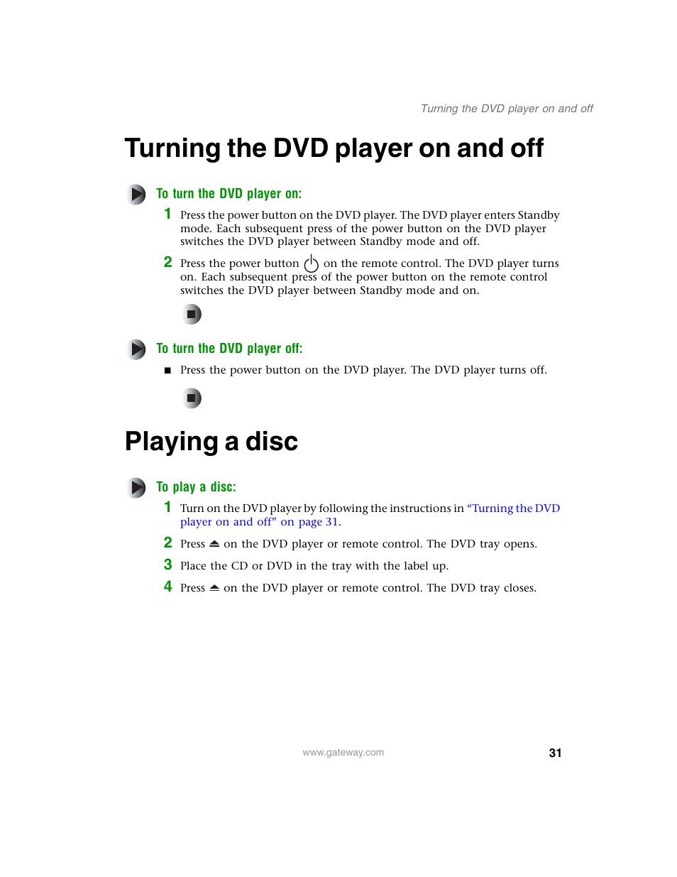 Turning the dvd player on and off, Playing a disc, Turning the dvd player on and off playing a disc | Playing | Gateway AD-520 User Manual | Page 37 / 92