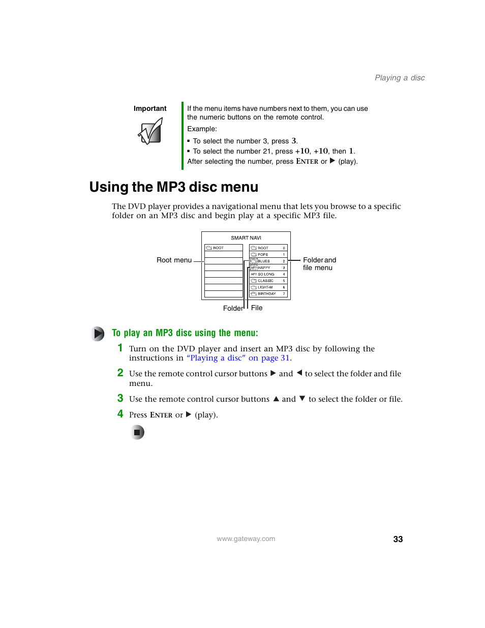 Using the mp3 disc menu | Gateway AD-520 User Manual | Page 39 / 92