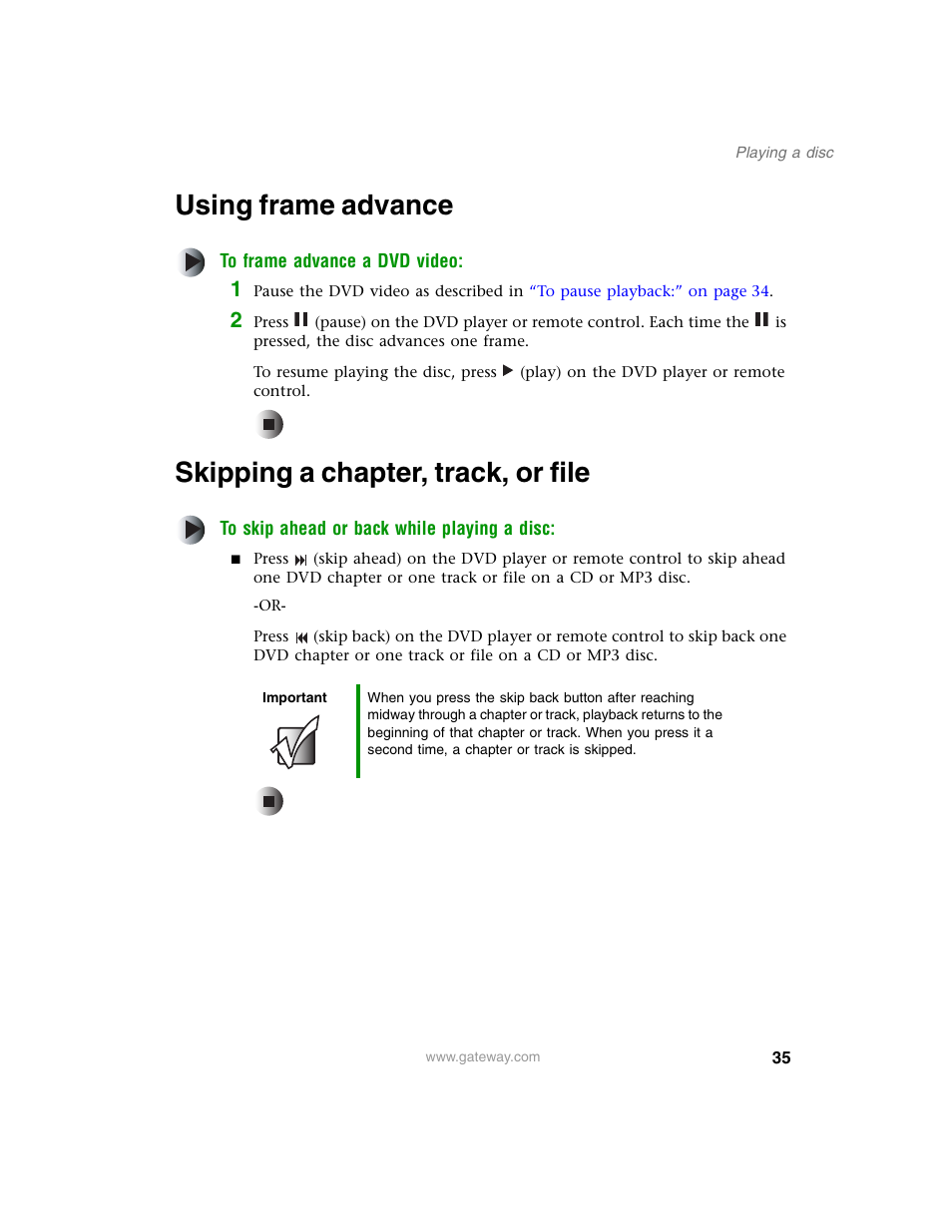 Using frame advance, Skipping a chapter, track, or file, Skipping a | Skipping | Gateway AD-520 User Manual | Page 41 / 92