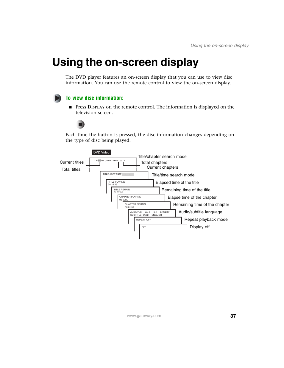 Using the on-screen display, Using the on-screen display” on | Gateway AD-520 User Manual | Page 43 / 92