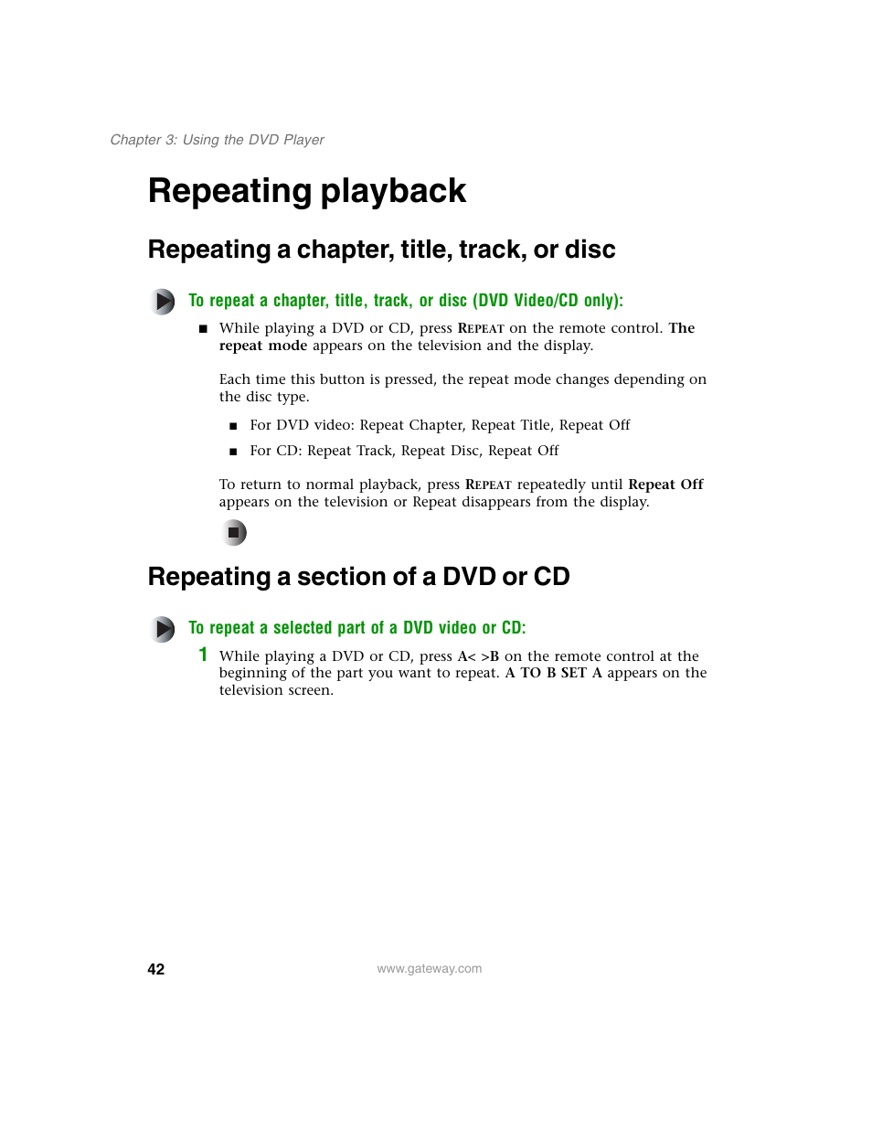 Repeating playback, Repeating a chapter, title, track, or disc, Repeating a section of a dvd or cd | Repeating | Gateway AD-520 User Manual | Page 48 / 92