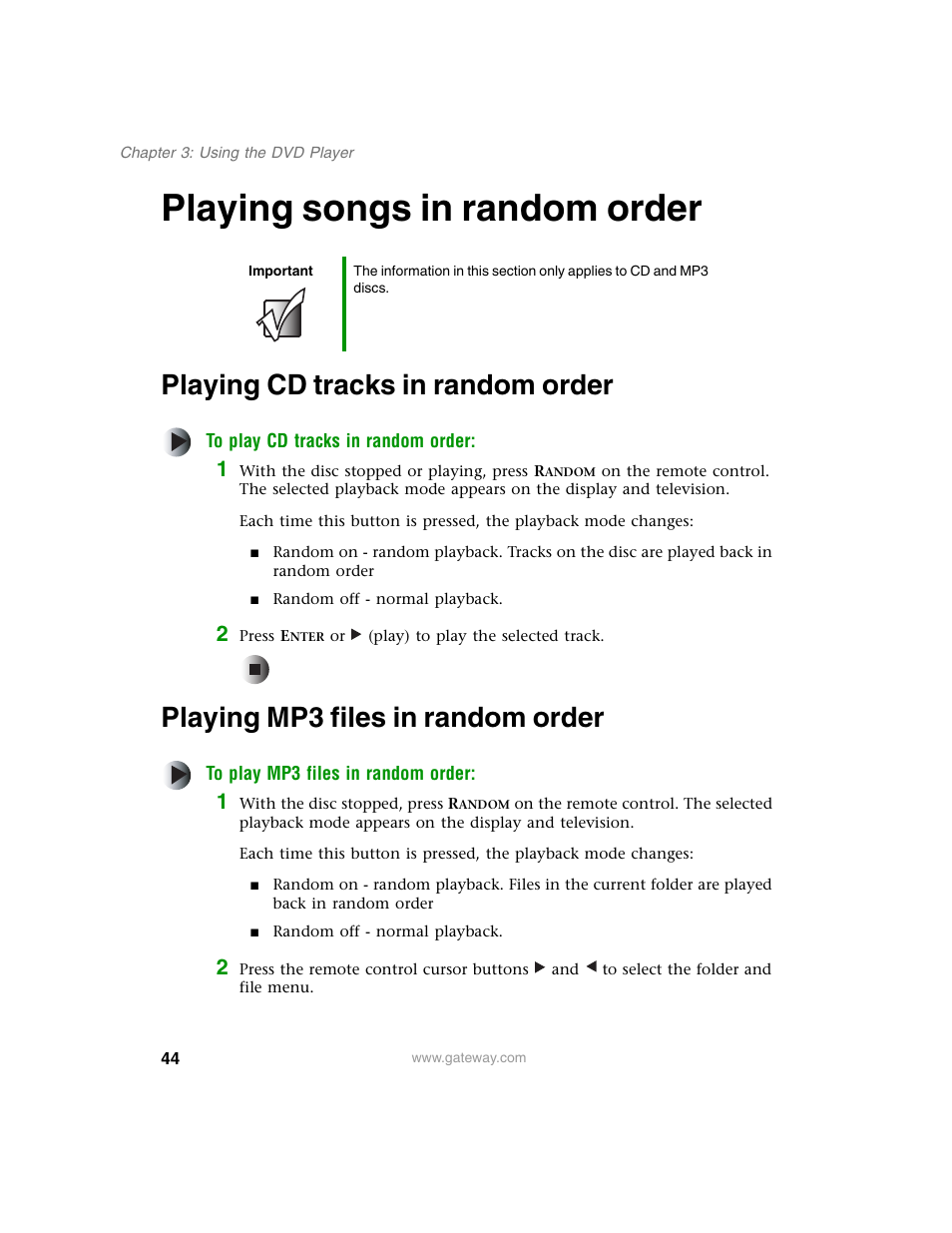 Playing songs in random order, Playing cd tracks in random order, Playing mp3 files in random order | Playing, Playing songs in random | Gateway AD-520 User Manual | Page 50 / 92