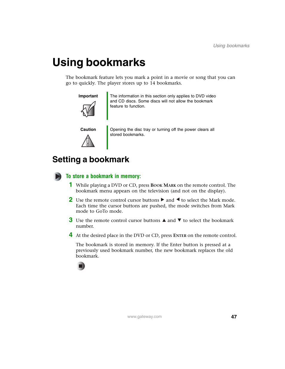 Using bookmarks, Setting a bookmark | Gateway AD-520 User Manual | Page 53 / 92