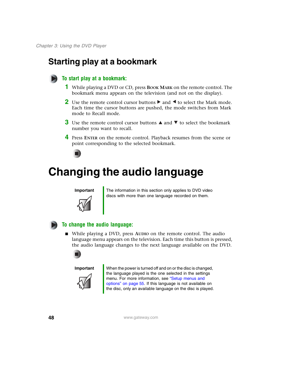 Starting play at a bookmark, Changing the audio language | Gateway AD-520 User Manual | Page 54 / 92