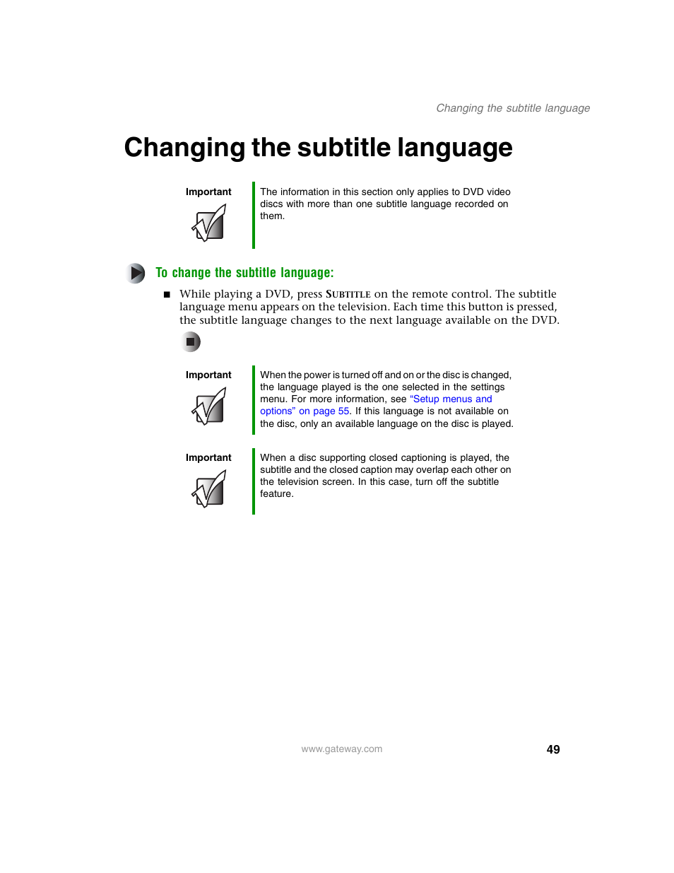 Changing the subtitle language, Changing the subtitle language” on | Gateway AD-520 User Manual | Page 55 / 92