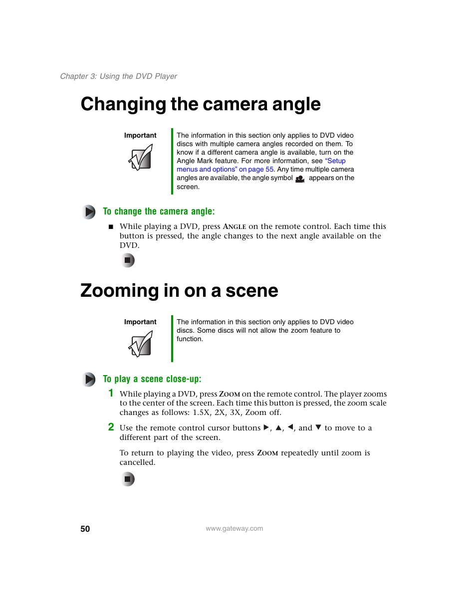 Changing the camera angle, Zooming in on a scene, Changing the camera angle zooming in on a scene | Changing the camera angle” on | Gateway AD-520 User Manual | Page 56 / 92