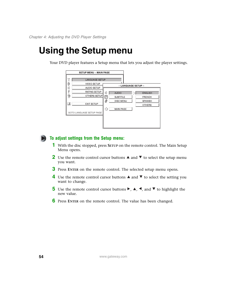 Using the setup menu, Using the setup menu” on, Using the setup | Gateway AD-520 User Manual | Page 60 / 92