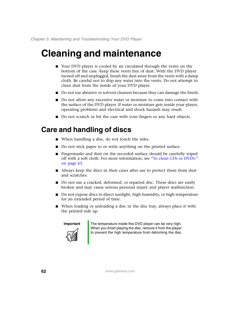 Cleaning and maintenance, Care and handling of discs | Gateway AD-520 User Manual | Page 68 / 92