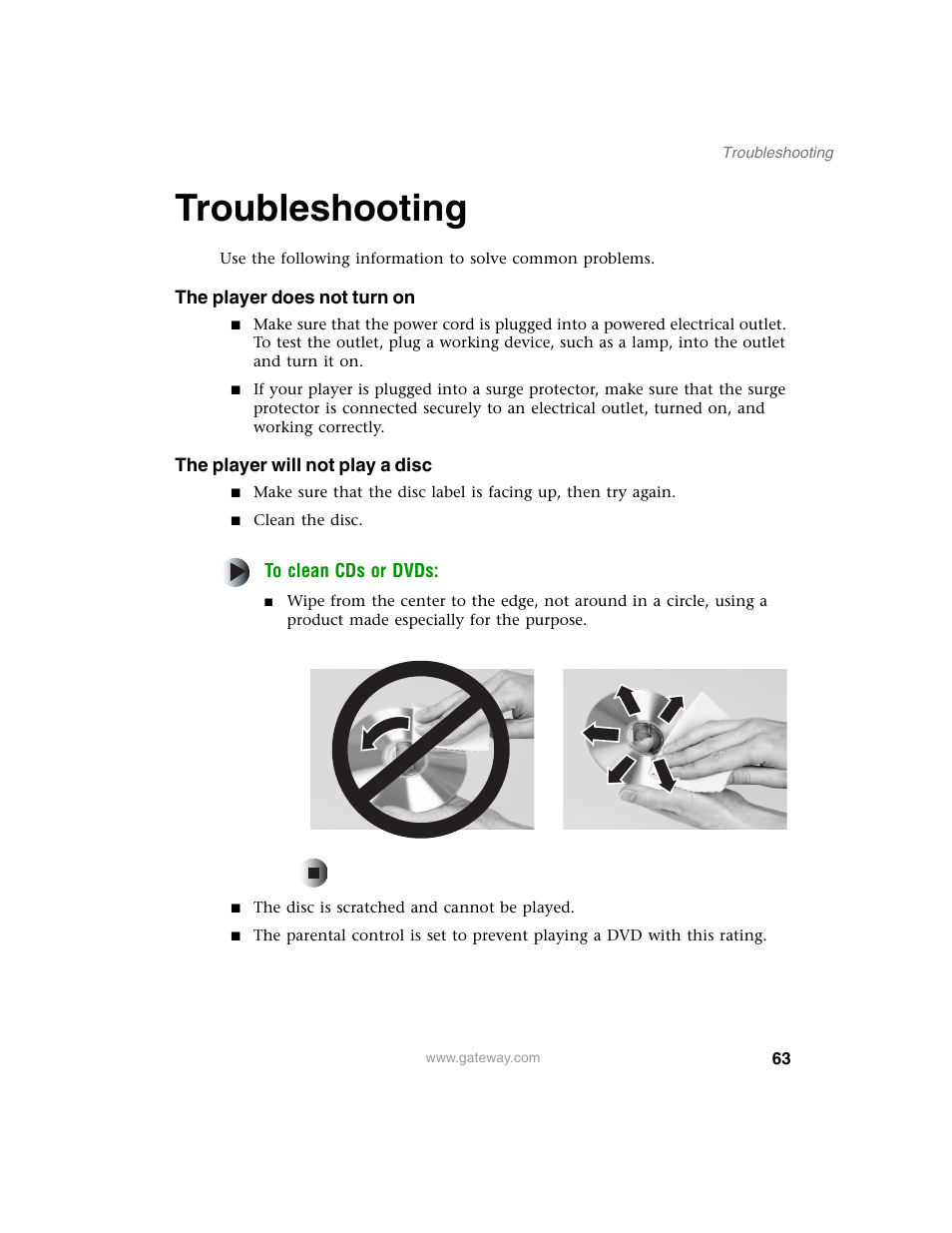 Troubleshooting, To clean cds or dvds | Gateway AD-520 User Manual | Page 69 / 92