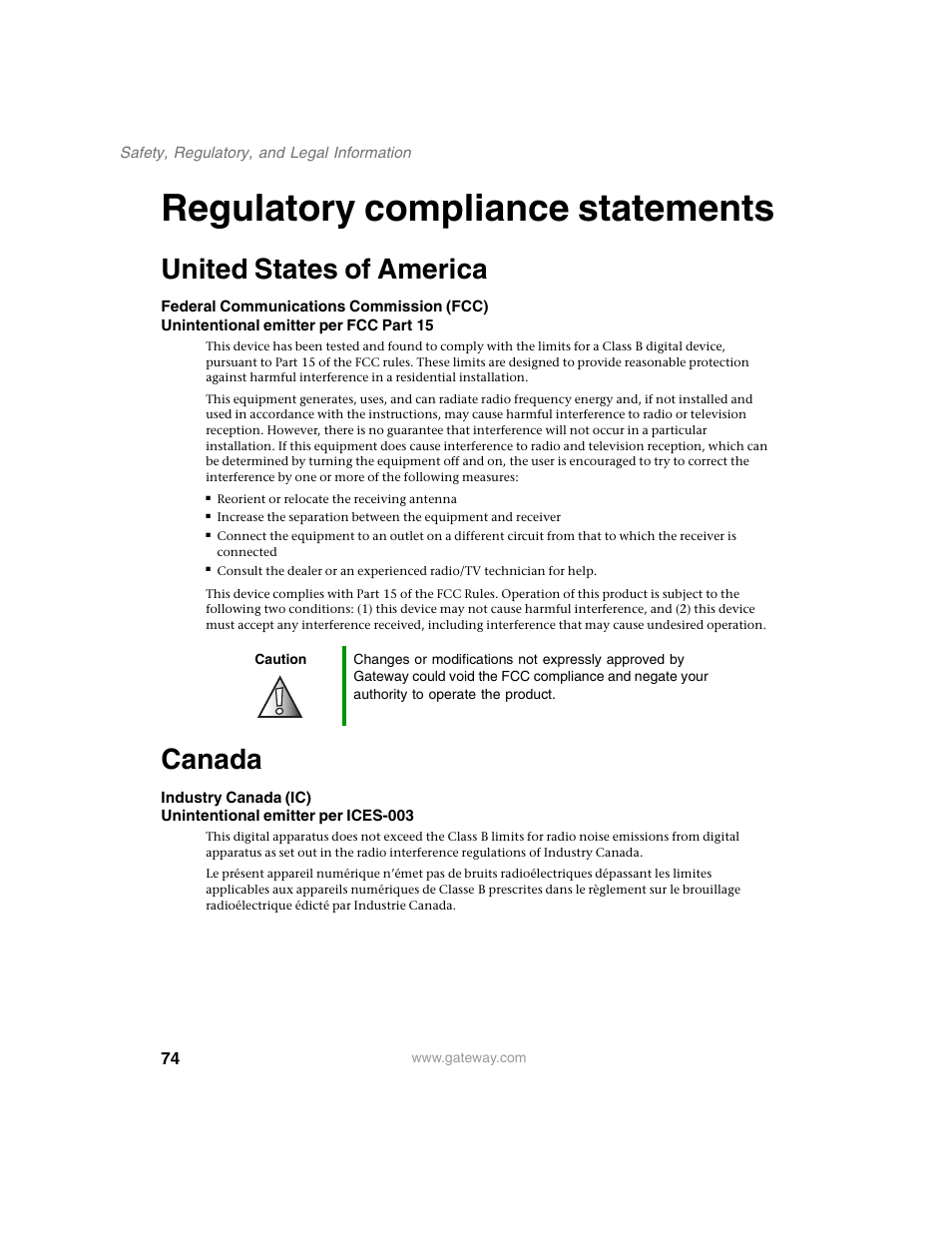 Regulatory compliance statements, United states of america, Canada | Gateway AD-520 User Manual | Page 80 / 92