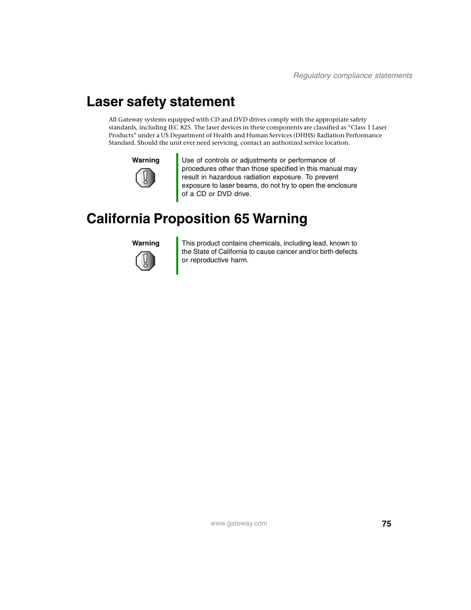 Laser safety statement, California proposition 65 warning | Gateway AD-520 User Manual | Page 81 / 92