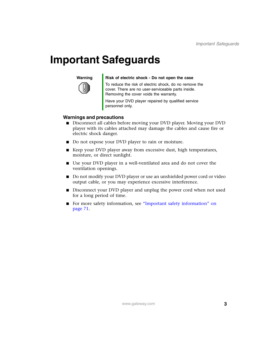 Important safeguards | Gateway AD-520 User Manual | Page 9 / 92