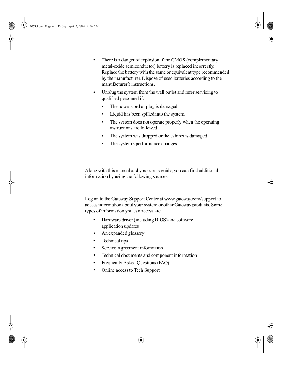 Additional information sources, The gateway support center | Gateway ALR 7300 User Manual | Page 10 / 138